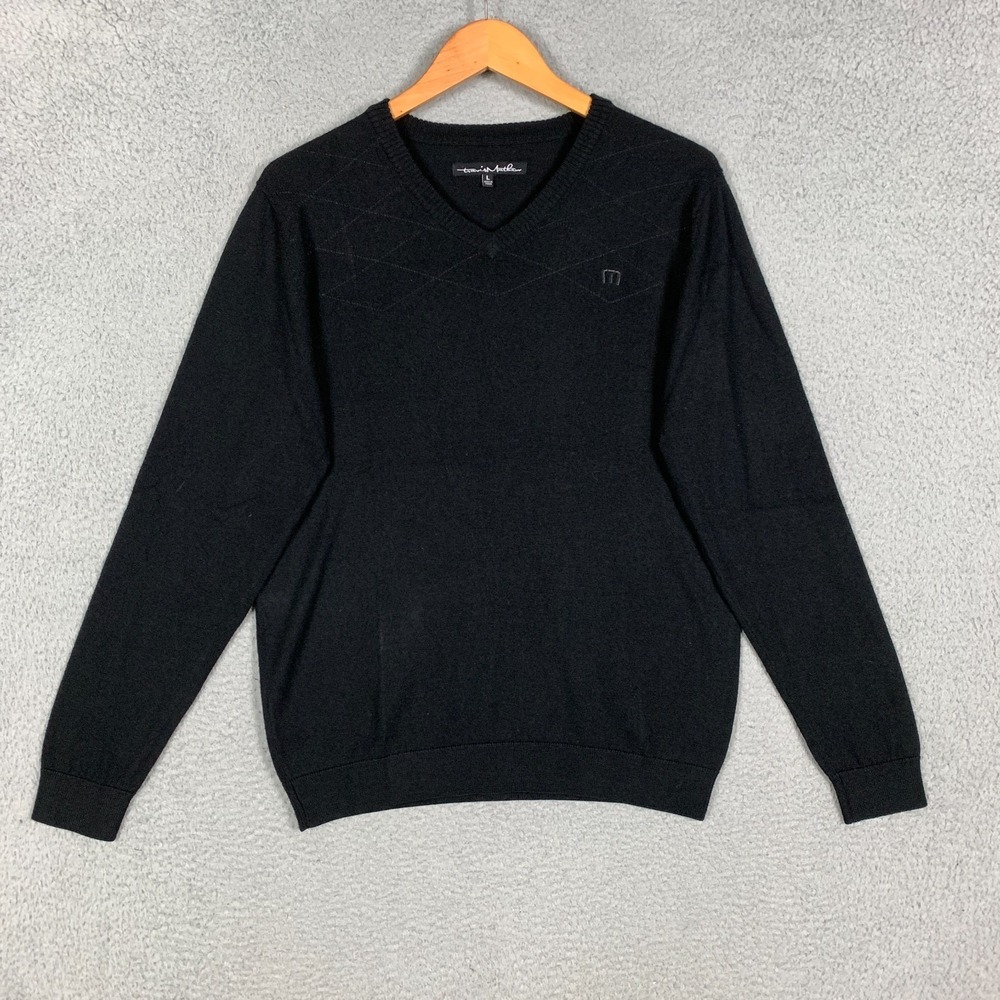 Travis Mathew Golf Sweater Men's Large L Black Merino Wool Blend V Neck Pullover